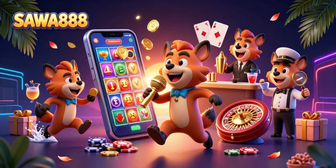 Experience exciting gameplay with SAWA888's vibrant casino scene featuring engaging hyenas and colorful slot games.