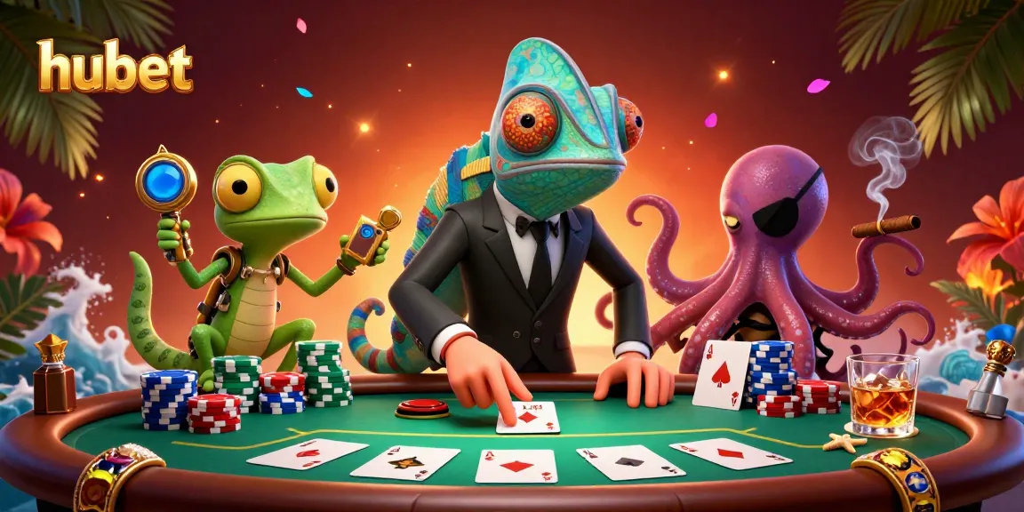 Win big at hubet casino with colorful poker elements and dynamic characters in action.