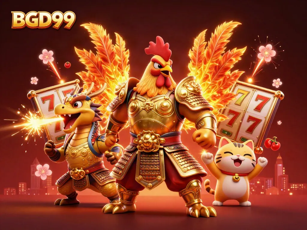 Experience BGD99 with a dynamic scene showcasing thrilling gambling elements and characters celebrating luck.