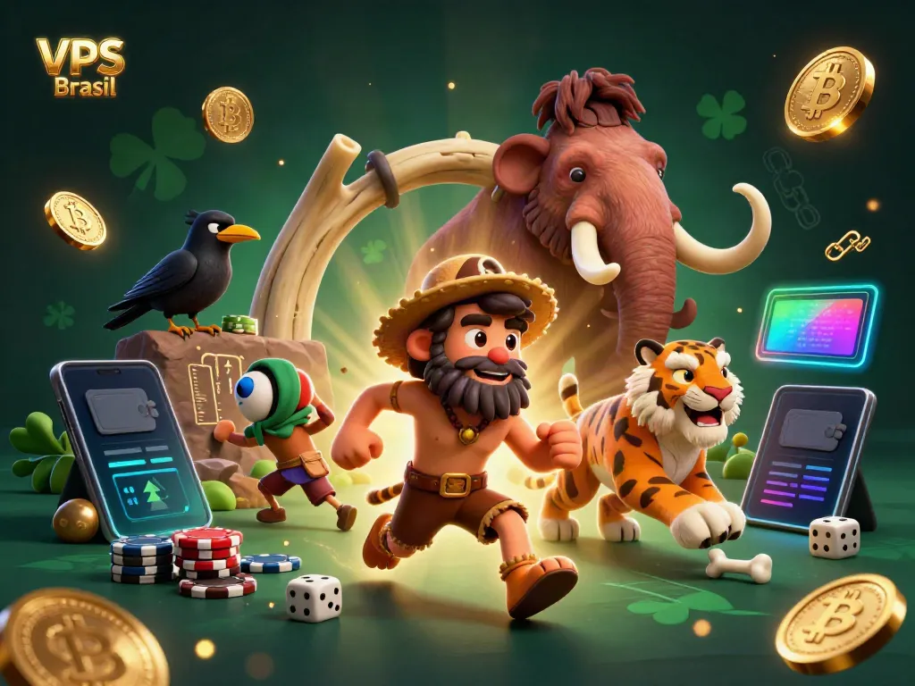 Experience exciting gameplay in VPS Brasil with 3D cartoon caveman and fox, showcasing vibrant casino elements.