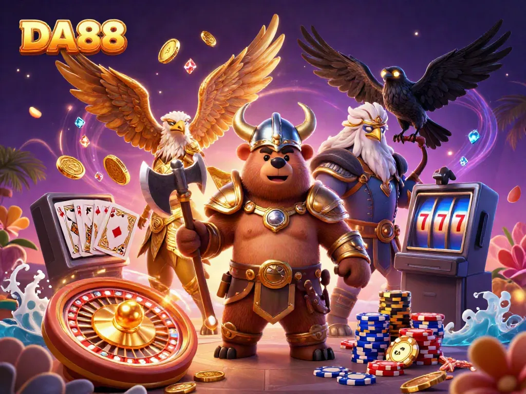 Win big at DA88 in this vibrant 3D casino illustration featuring a Viking bear and dynamic gaming elements.