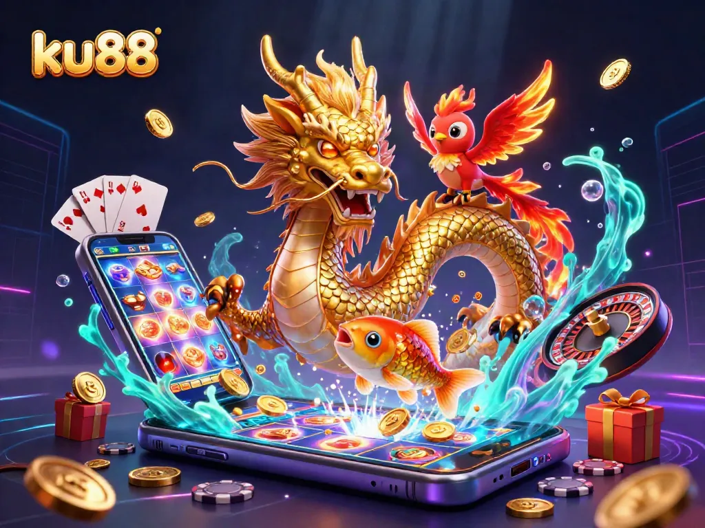 ku88 enhances the gaming experience with a vibrant 3D illustration showcasing a dragon, phoenix, and koi fish amid slots and poker elements.