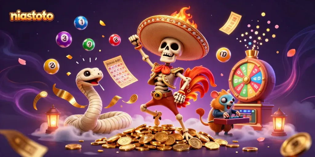 Experience niastoto's vibrant gaming world with animated casino characters and lottery elements.