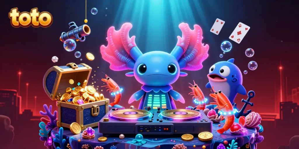 Engage in thrilling toto gaming with vibrant axolotl DJ and neon sea creatures in a dynamic underwater scene.