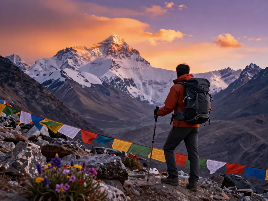 Manaslu Circuit Trek adventure with traveler at sunset overlooking stunning mountain landscape.