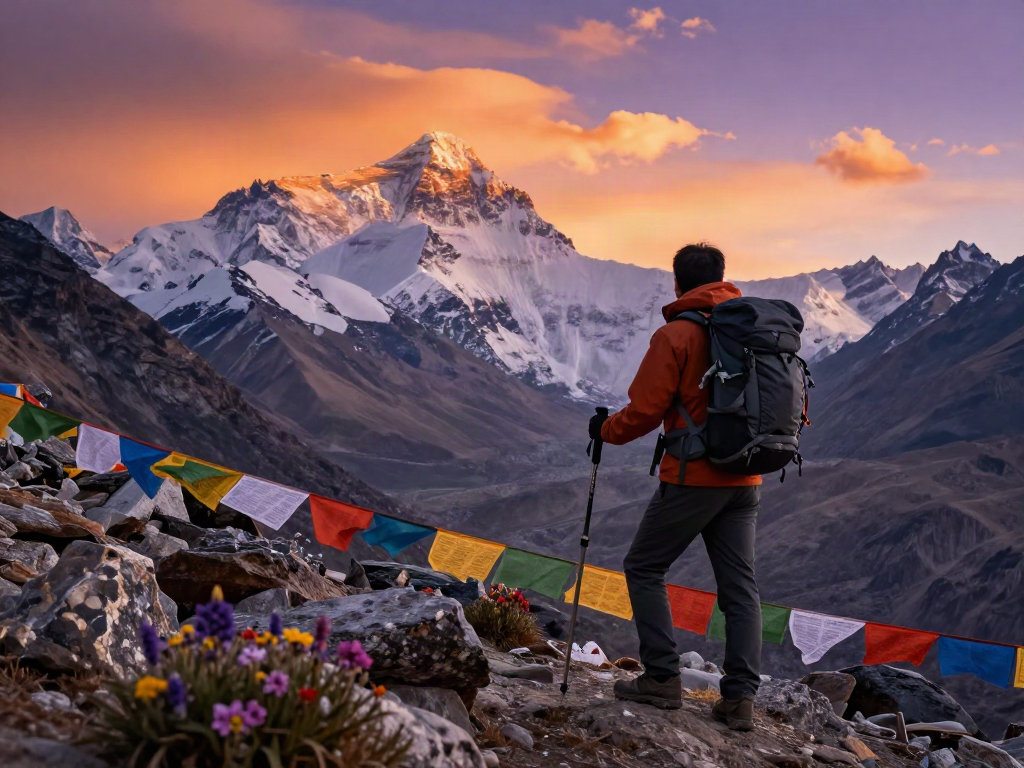 Manaslu Circuit Trek adventure with traveler at sunset overlooking stunning mountain landscape.