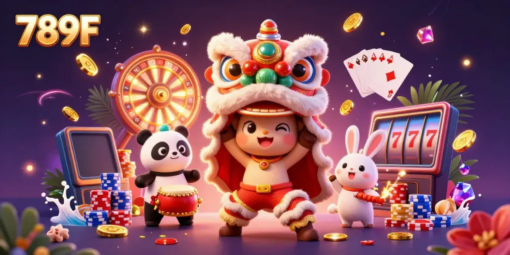 Experience the excitement of 789F with a vibrant illustration of casino fun featuring festive characters and spinning games.