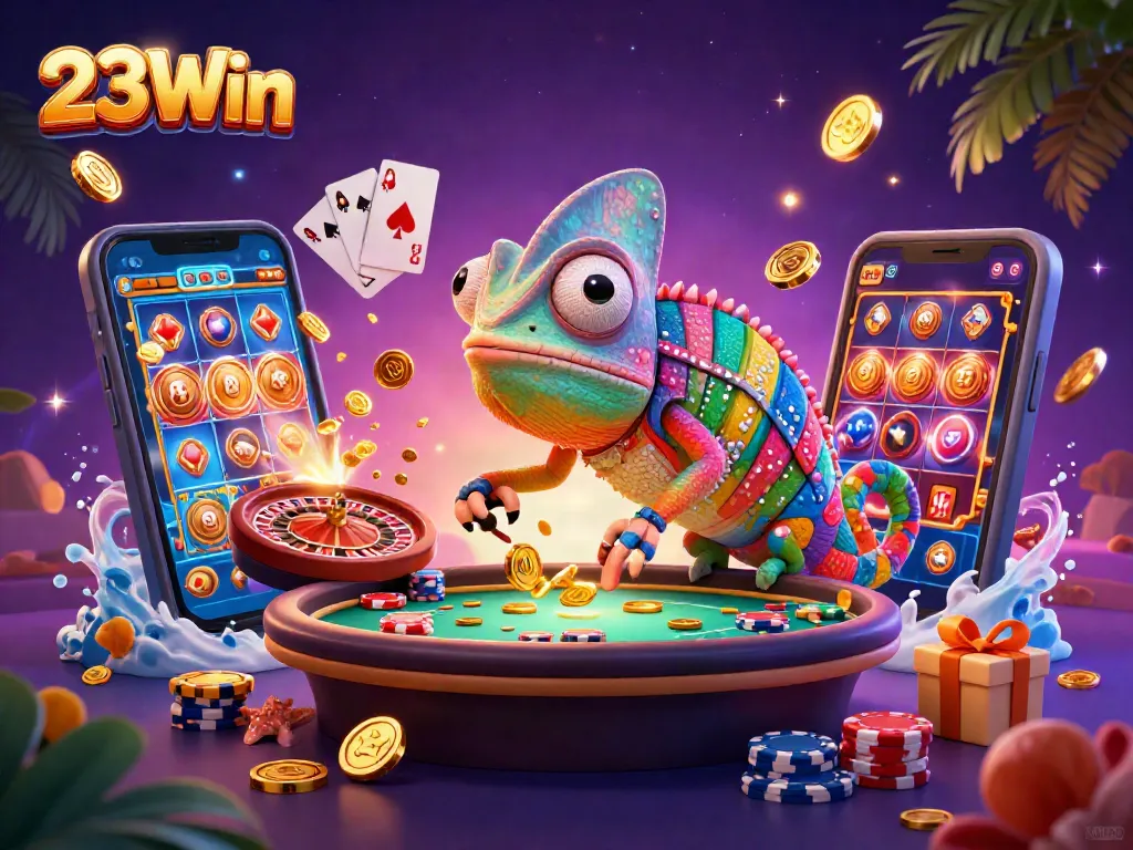 Experience the vibrant casino world of 23Win with animated characters and dynamic game elements.