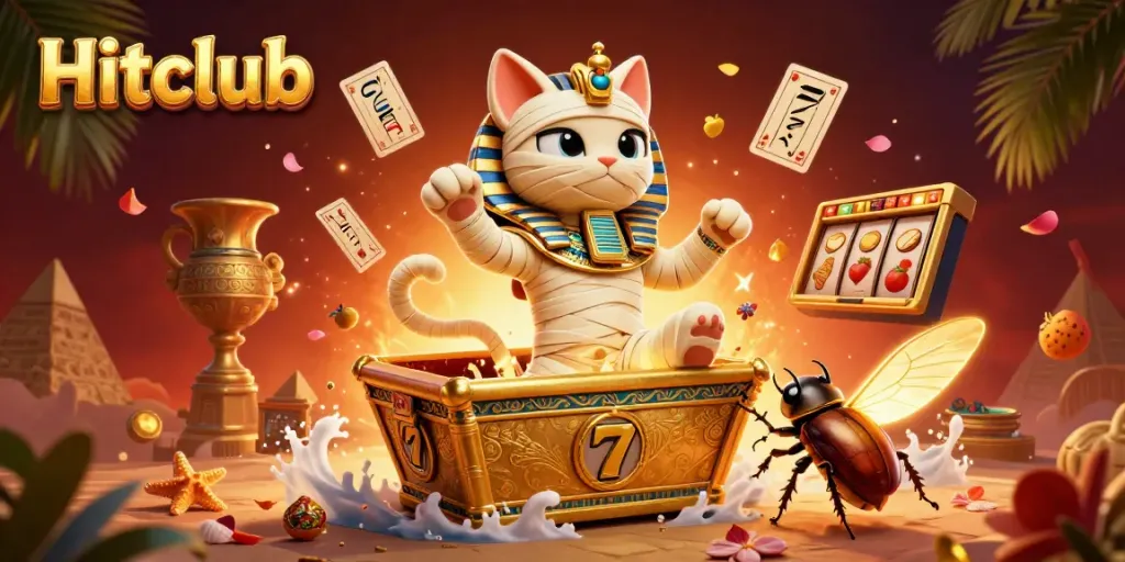 Experience thrilling gameplay at Hitclub with vibrant characters bursting from a golden sarcophagus in a lively casino scene.