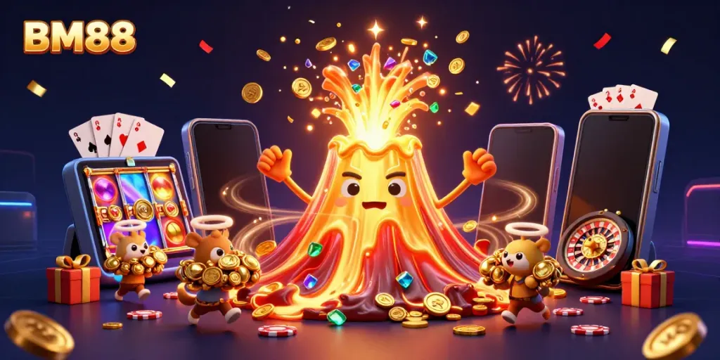 Engage with the BM88 thrill as treasure erupts from a jubilant volcano in a vibrant casino scene.