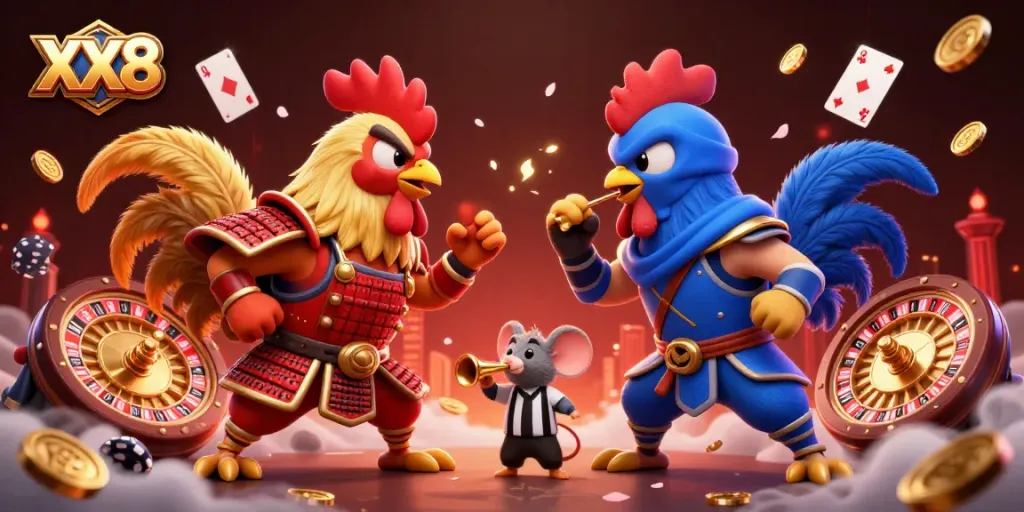 Watch 3D cartoon fighting roosters in the XX8 casino battle as they face off surrounded by floating playing cards and gold coins.