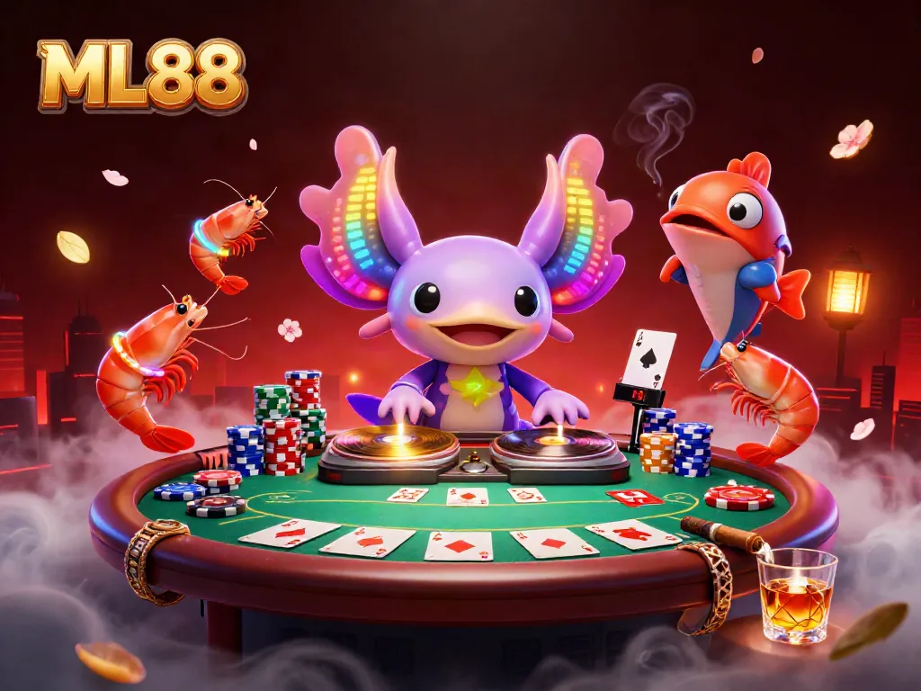 Experience vibrant gaming action with ML88 in a lively underwater casino scene featuring a DJ axolotl.