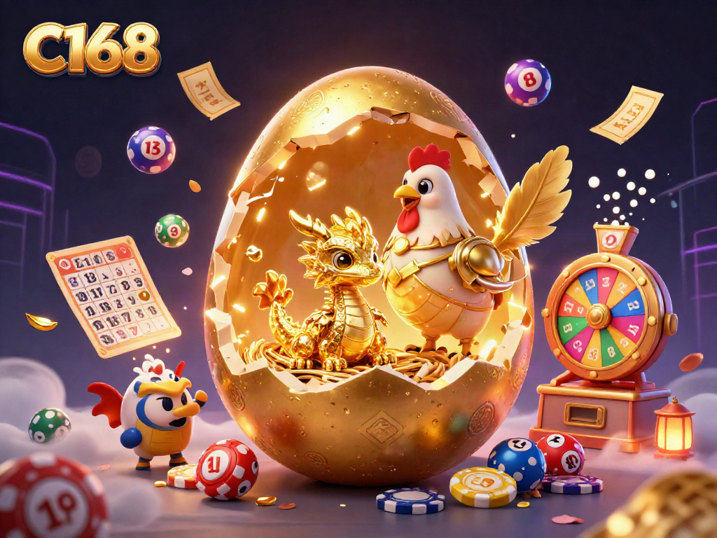 C168 brings a dazzling world of gaming alive with a golden dragon atop poker chips amidst rich casino elements.