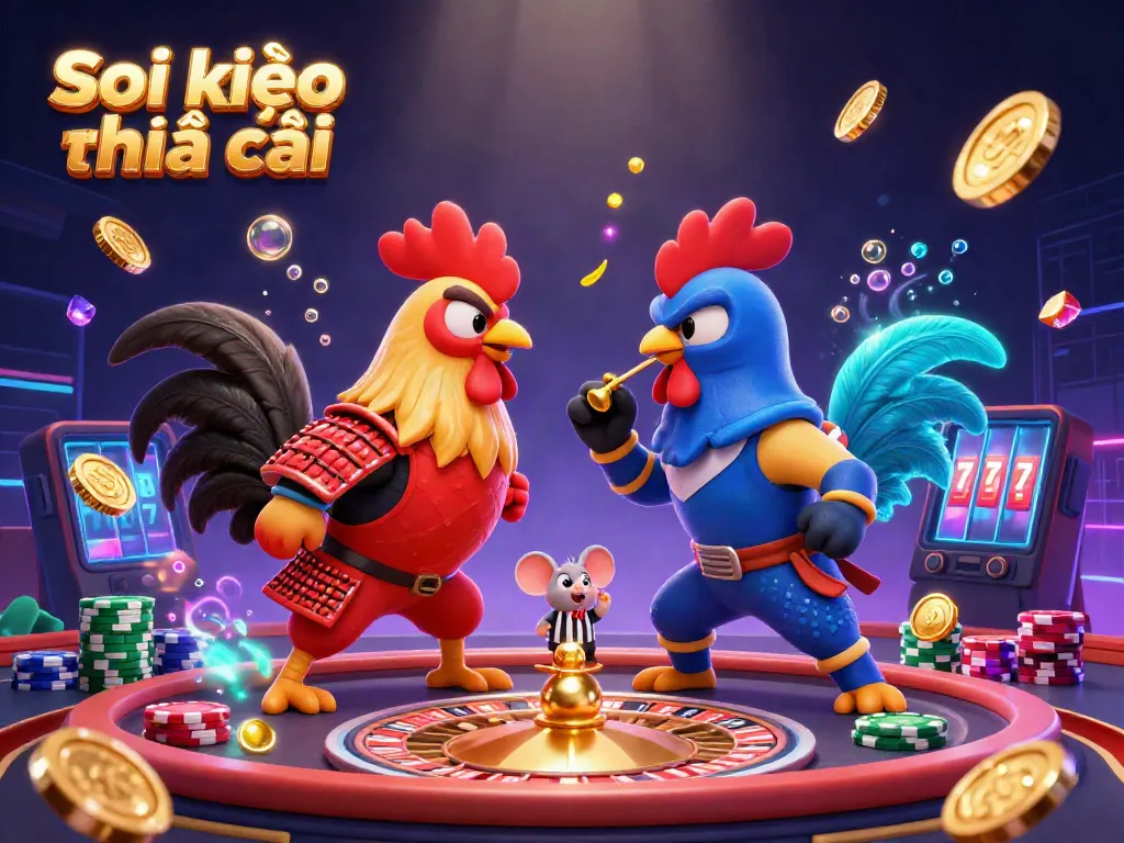 Engaging scene of colorful roosters in martial attire, showcasing Soi kèo nhà cái with dynamic casino elements.