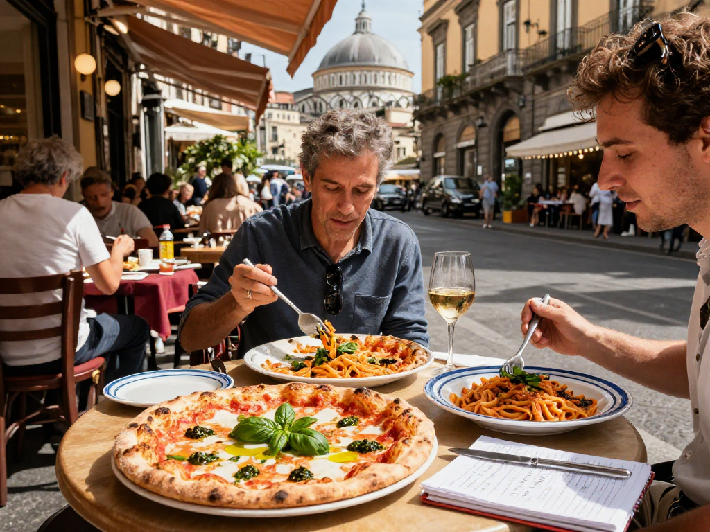 Explore Naples' culinary delights with lavowin at colorful restaurant tables