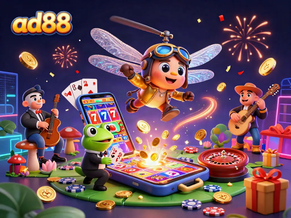Experience ad88's vibrant casino atmosphere with thrilling slot games and lively characters.