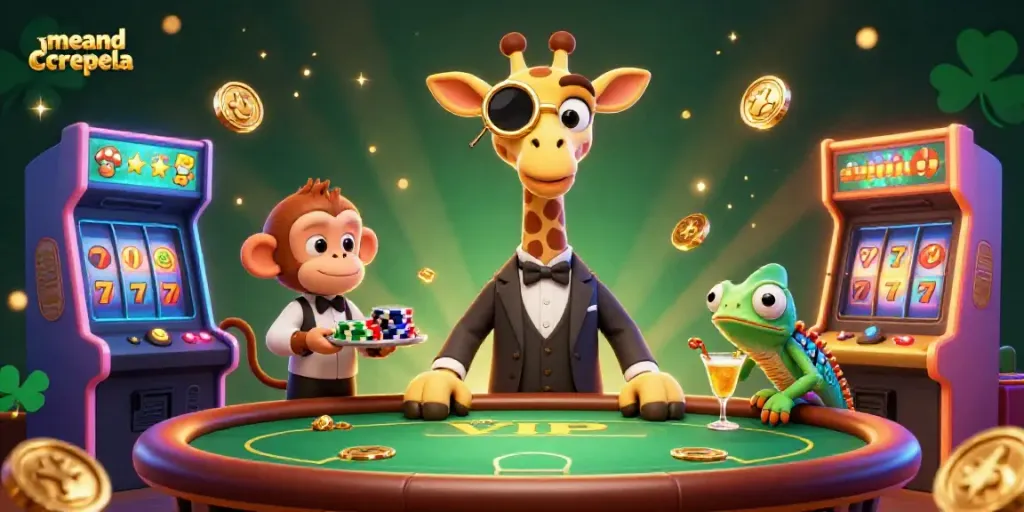 Gambaran 3D meandcrepela dengan karakter unik dan elemen permainan kasino dalam suasana ceria.