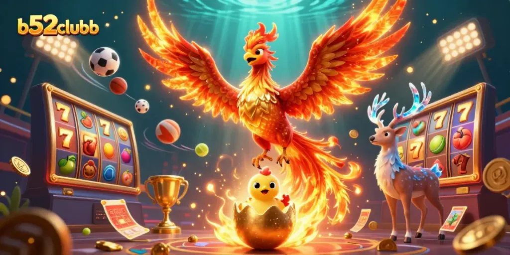 Engage with b52clubb's thrilling slot experience featuring a vibrant phoenix and rich game elements.