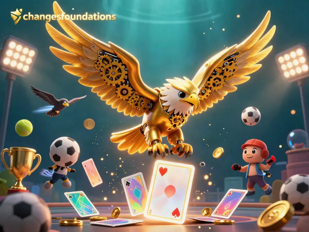Experience the excitement of changesfoundations with this dynamic 3D casino scene featuring holographic cards and sports elements.