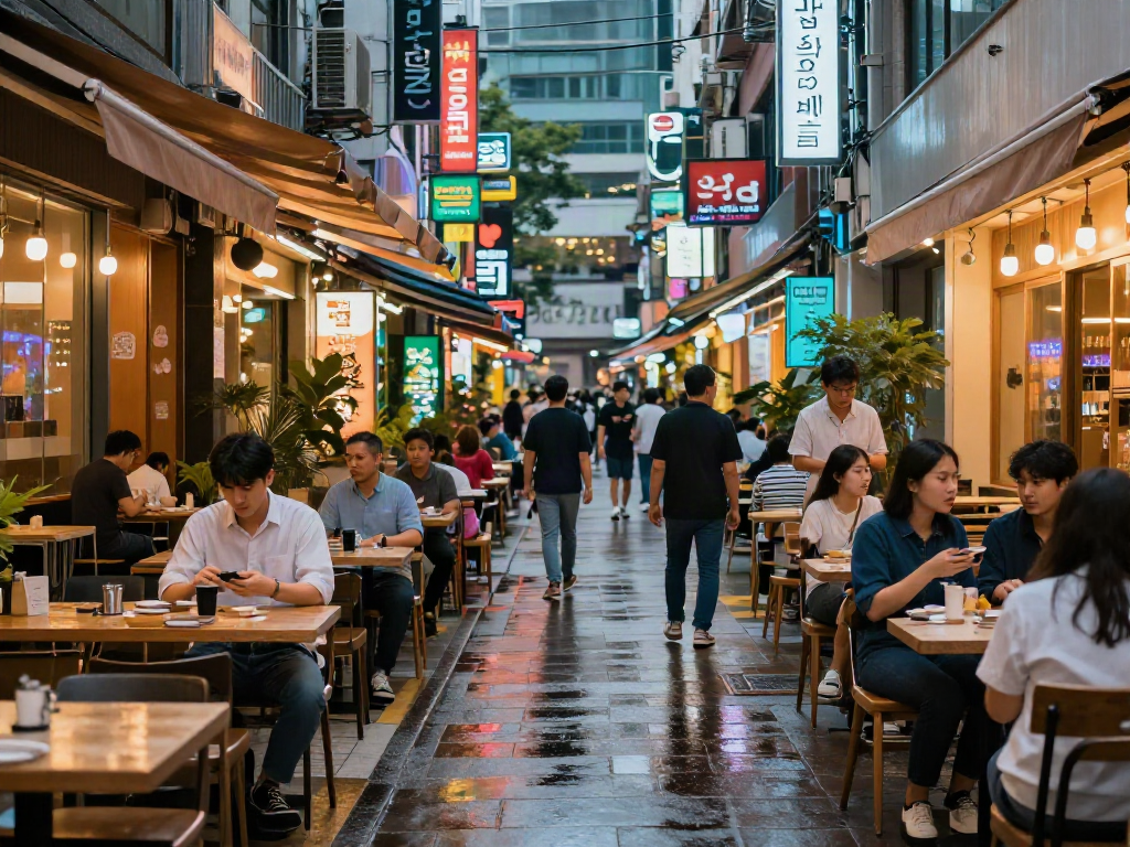 강남오피에서 일어나는 활기찬 밤문화 장면, 사람들이 즐거운 시간을 보내는 모습