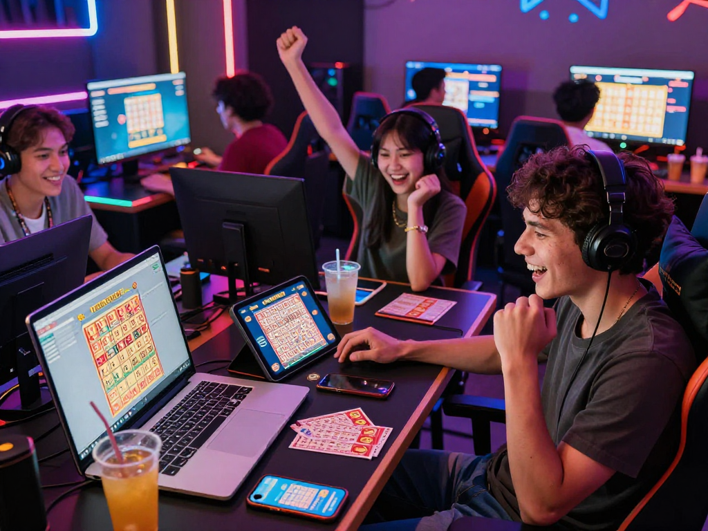 Dewatogel online lottery game scene with players celebrating wins in a vibrant gaming lounge.