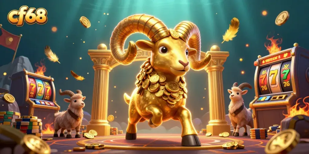 cf68 action-packed scene featuring a golden ram headbutting coins amidst vibrant casino elements.