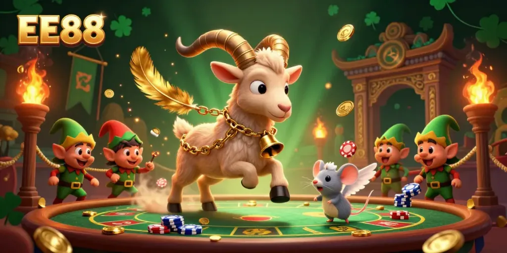 Experience the lively EE88 casino scene with characters amidst excitement, gambling elements, and vibrant colors.