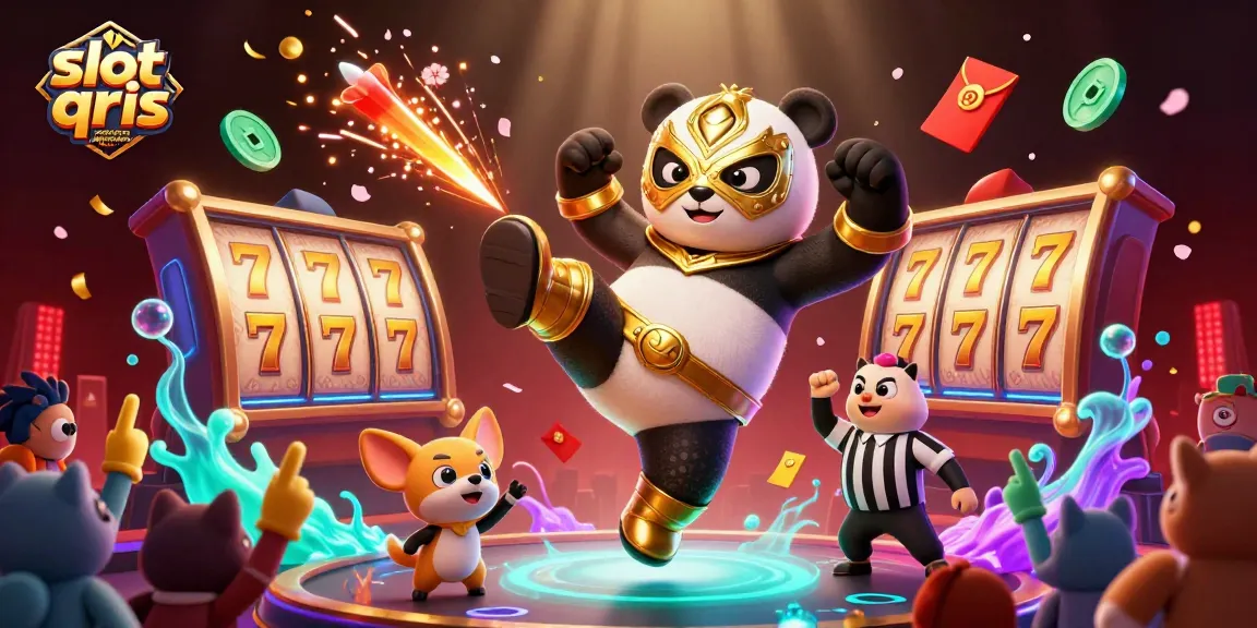 Engaging illustration of slot qris merusak kehidupan masyarakat, featuring a flying panda wrestler amidst colorful casino elements.