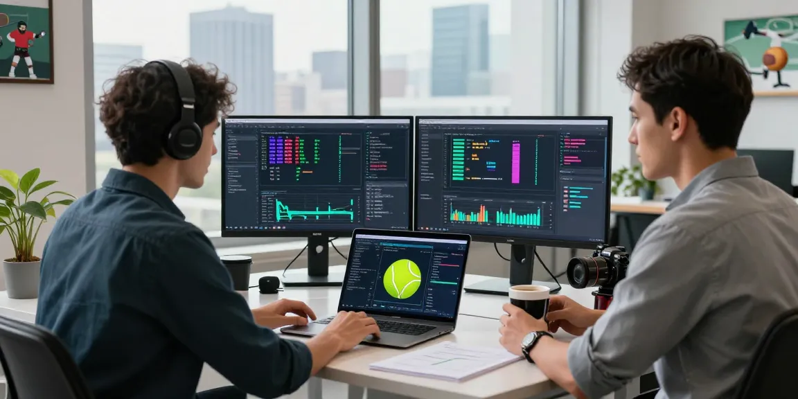 Innovative tennis api software engineer coding real-time sports data in a modern workspace.