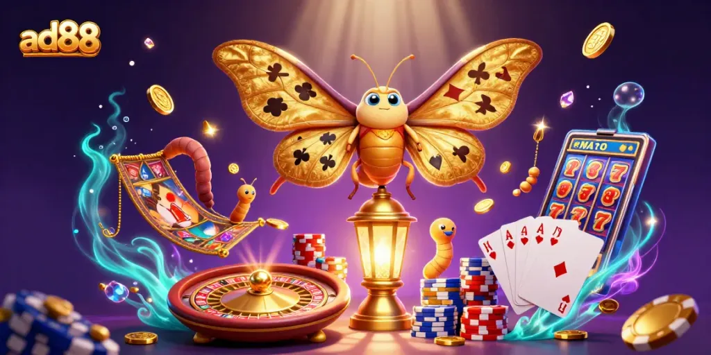 Win big at ad88 with golden moths, vibrant casino scenes, and shining treasures.