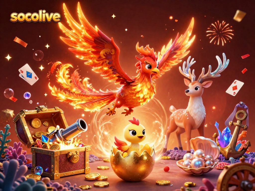 Socolive offers a vibrant online casino experience featuring a phoenix and treasure-rich underwater scene.