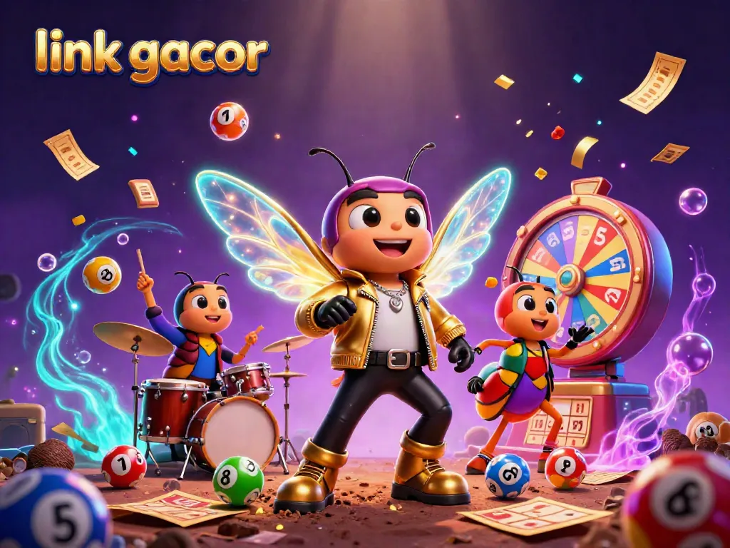 Experience the thrill with link gacor, featuring a vibrant 3D illustration of a cicada rock star and dynamic lottery elements in a casino setting.