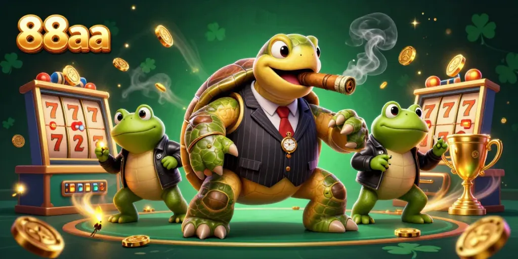 Experience the excitement of 88aa with a cartoon turtle casino scene, featuring vibrant slot reels and dynamic gold coins.
