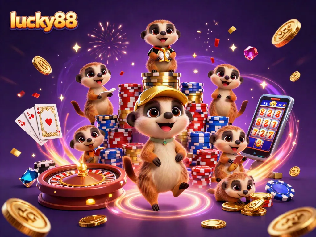 Experience winning with lucky88 in this vibrant casino scene featuring meerkats, chips, and colorful games.