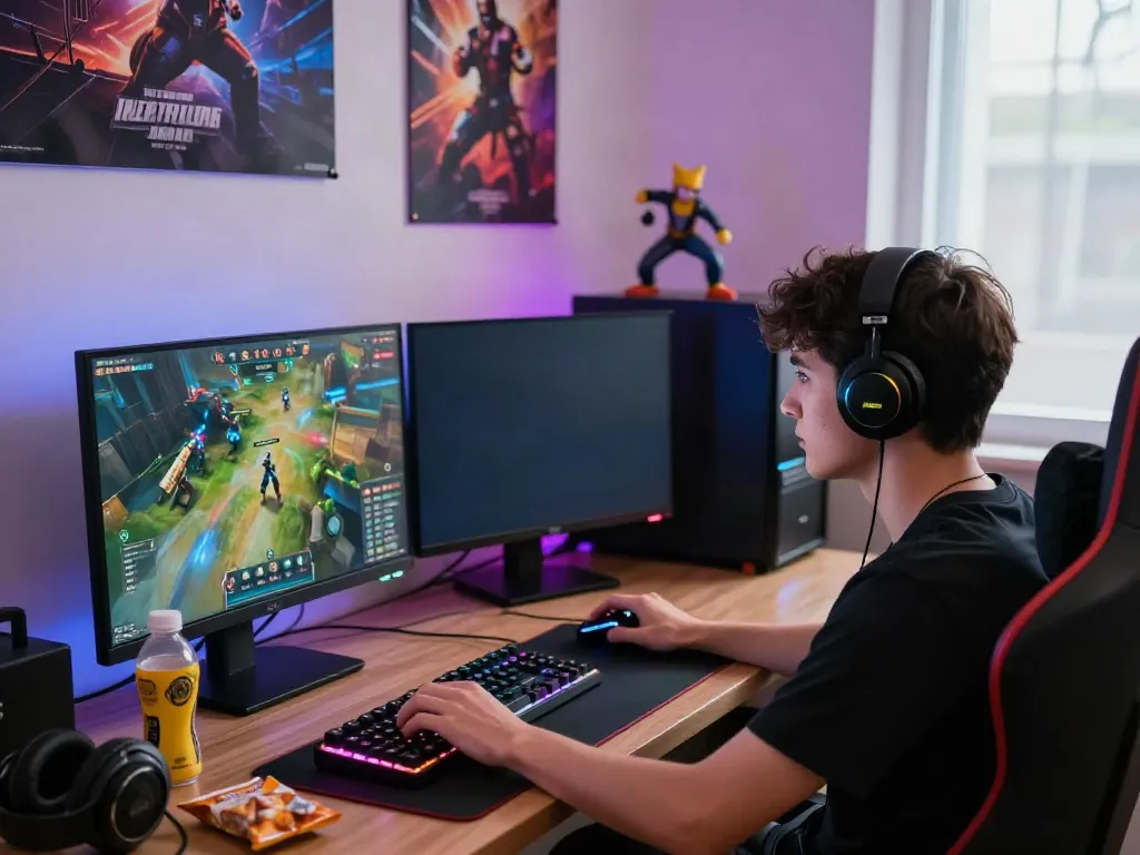 Engaged gamer enjoying ahha4d online gaming experience in a colorful setup.