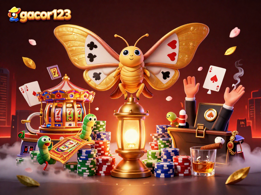 Play slots and win with gacor123, featuring vibrant 3D illustrations of winning cards and moths.