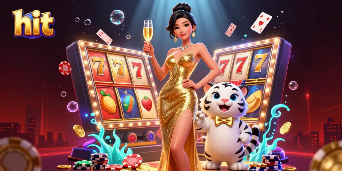Experience the thrill of hit in this vibrant casino illustration featuring a glamorous woman and a lucky tiger.