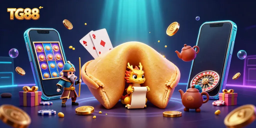 Experience engaging slot gaming at TG88 with a dragon and fortune cookie in a vibrant casino scene.