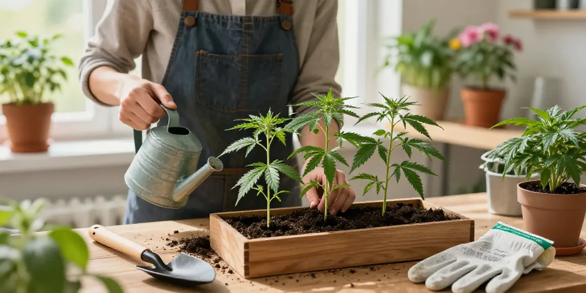 Cannabissamen kaufen: Gardener inspecting healthy cannabis seedlings in a sunlit indoor garden.