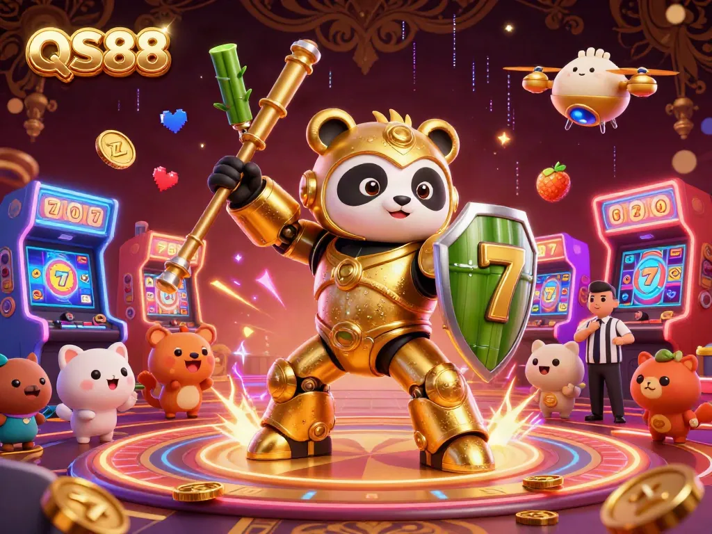 Engage with QS88's exciting casino scene showcasing vibrant slots and a mech-suit panda.