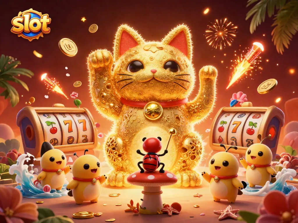 Engage with slot games through vibrant golden fireflies forming a lucky cat, enriched with casino symbols.