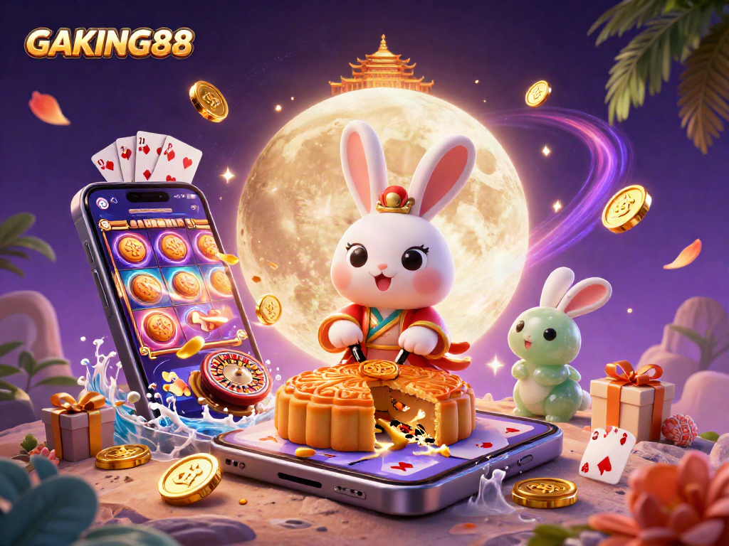 Experience thrilling wins with GAKING88 as moon rabbits celebrate in a vibrant 3D casino scene.