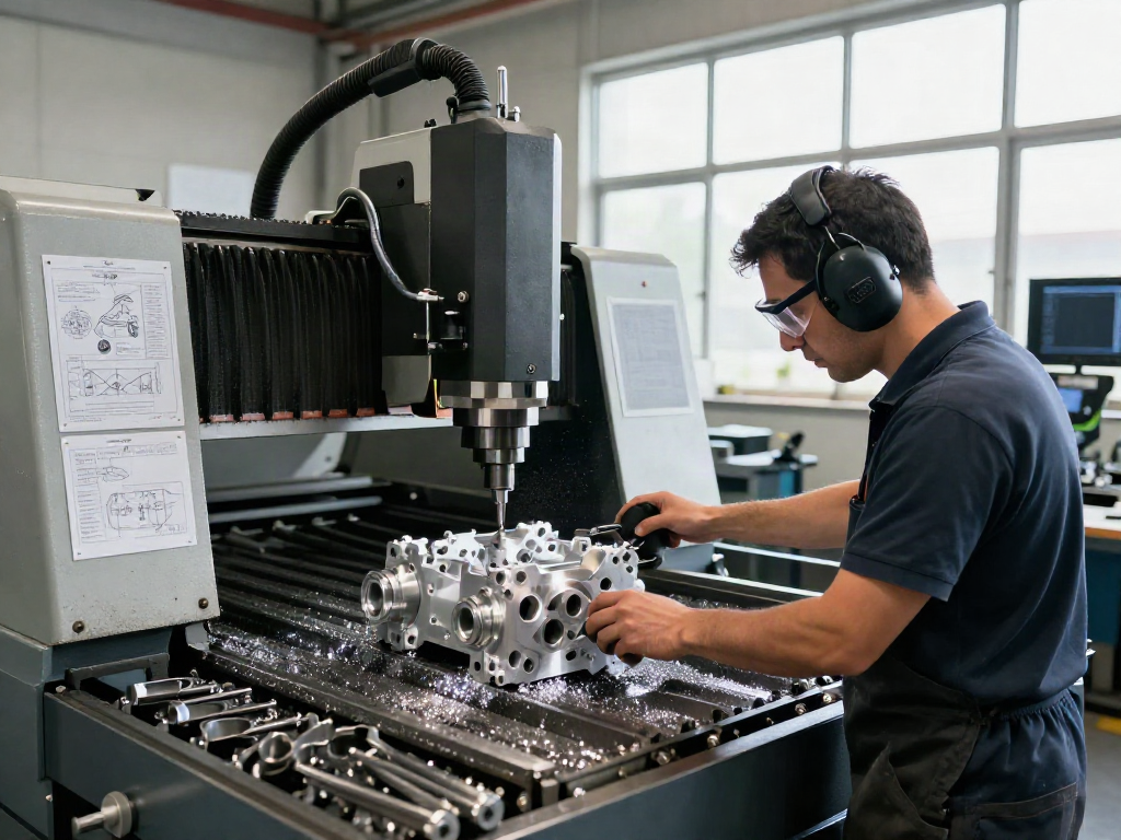 CNC machining parts manufacturer in action, showcasing precision milling process in a modern workshop.