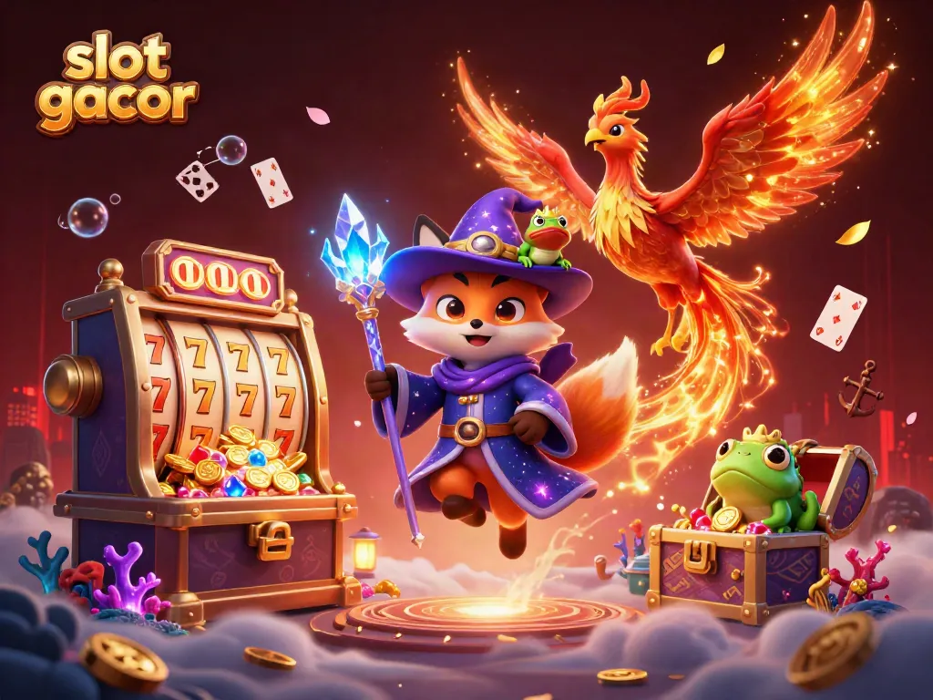Spin the reels of slot gacor with a mystical wizard fox and a fiery phoenix in this vibrant illustration.