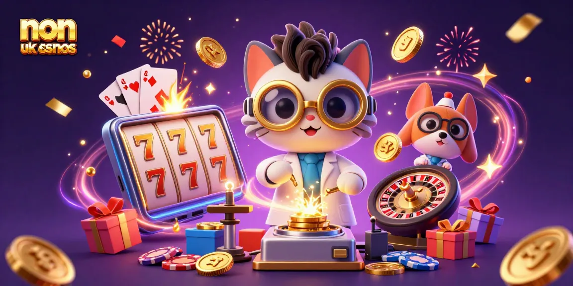 Engage with non UK casinos through exciting 3D illustration depicting lively gambling characters and vibrant game elements.