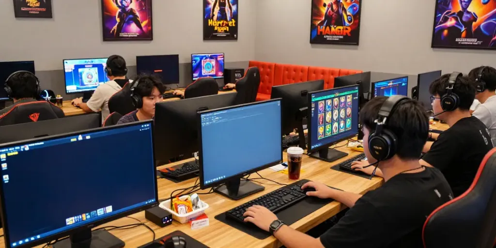 Pengalaman bermain situs slot yang menarik di ruang permainan modern dengan pemain yang fokus.