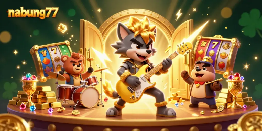 Join nabung77 for a thrilling casino adventure with vibrant slot reels and dynamic characters.