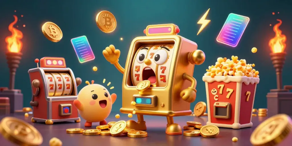 Mesin slot emas beraksi, jackpot mengalir dengan koin sambil dikelilingi oleh simbol permainan slot lainnya.