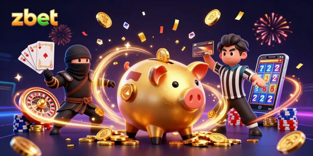 Zbet's dynamic casino scene featuring golden coins, a sumo wrestler piggy bank, and gaming elements.