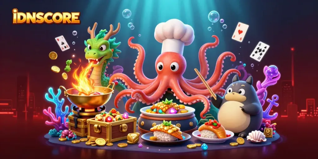 Engage with IDNSCORE's dynamic gaming scene featuring a vibrant sushi chef octopus and a dragon in a treasure-filled underwater world.